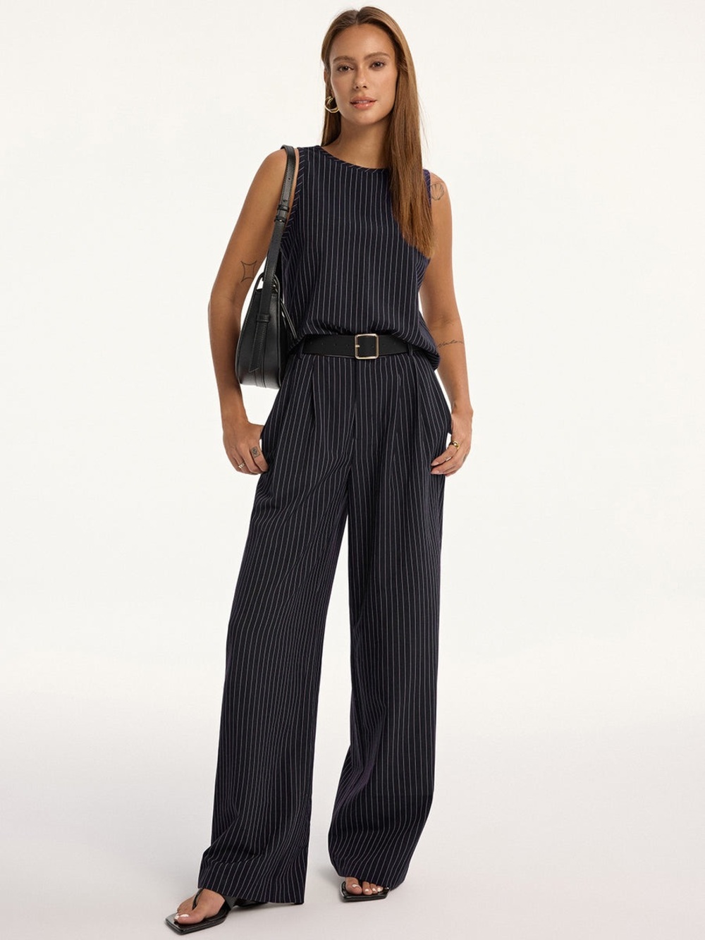 COMMENSE Pinstriped Sleeveless Top & Pant Set with Belt - Picture 2 of 3
